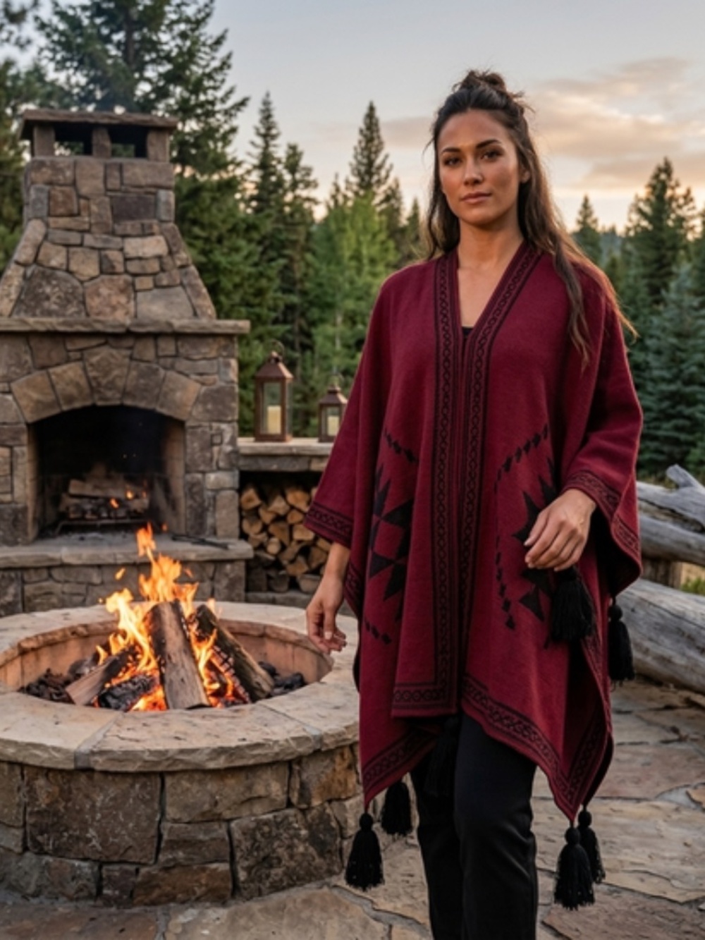 Deep Red Navajo Style Poncho Wrap with Tassels